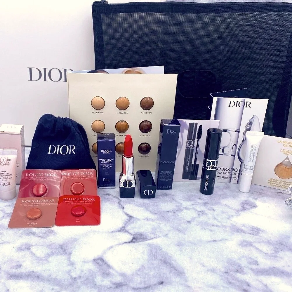 DIOR Beauty Gift Set-Black Pouch,Foundation,Mascara,Lipstick,Serum-8pc-BOXED-NEW